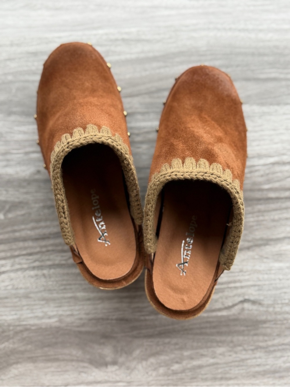 Antelope Hedy Taupe Suede Whipstitch Wooden Slip On Clog Size 36 US 5.5 - Picture 3 of 12